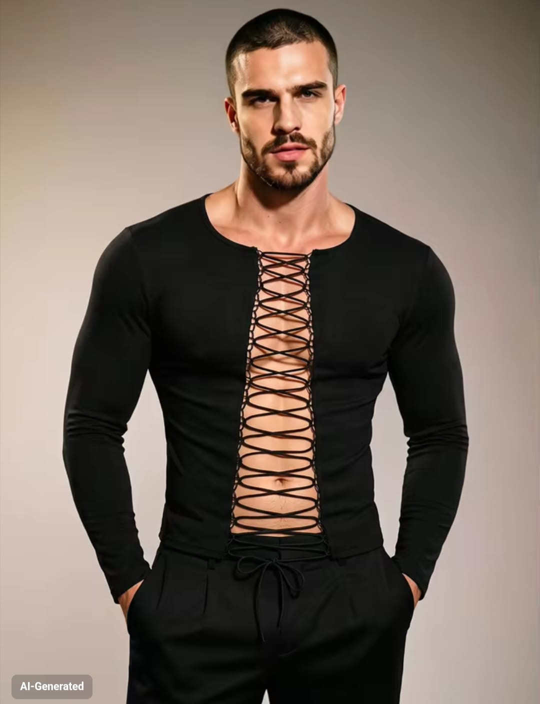 Men's Front Lace-Up Cutout Long Sleeve Muscle Fit Stretch T-Shirt